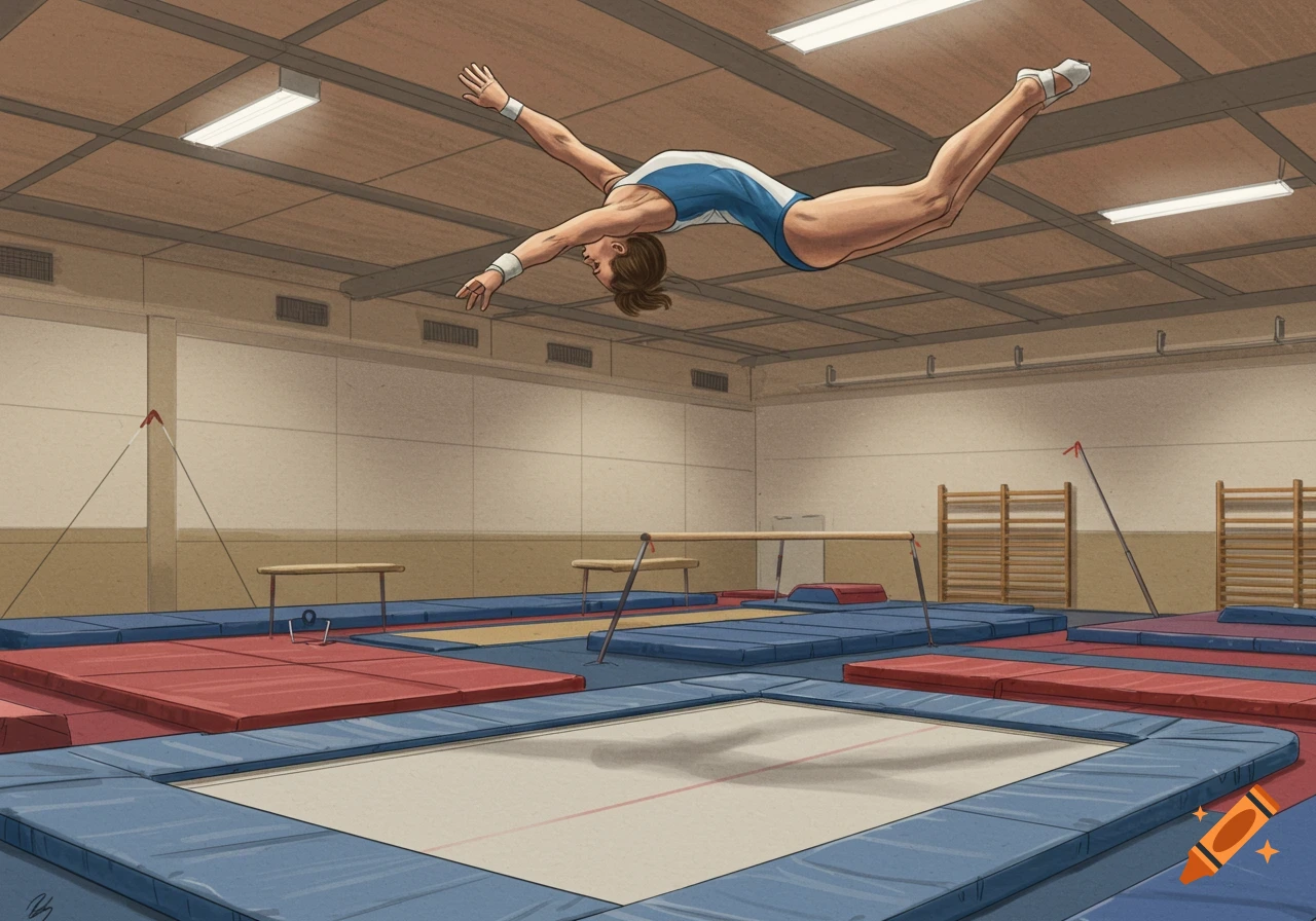 Gymnast performs a layout over a trampoline in an indoor gym in a realistic drawing style.