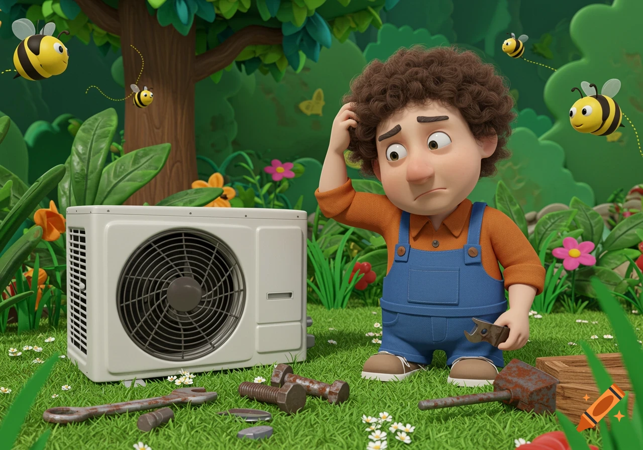 Cartoon boy in overalls scratches head next to AC unit and tools, surrounded by bees in a forest clearing.