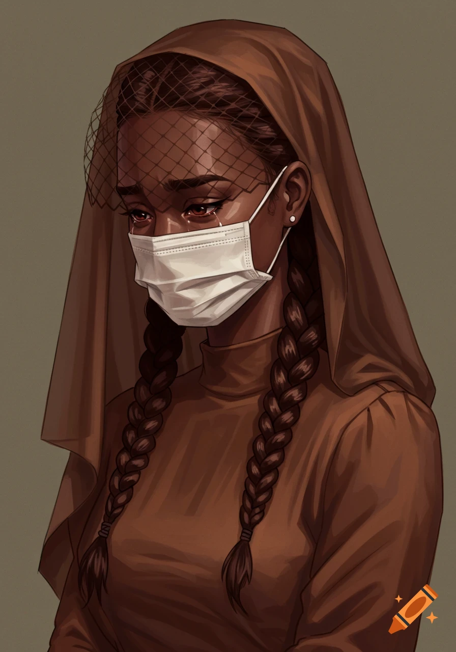 Illustration of a Black woman crying while wearing a white face mask, brown dress, and veil.