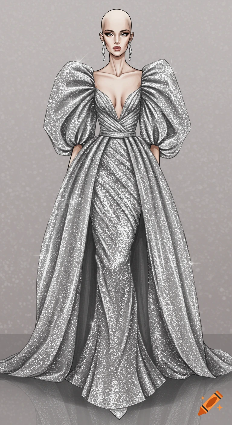 Fashion illustration of a woman in a sparkling silver evening gown with voluminous sleeves.