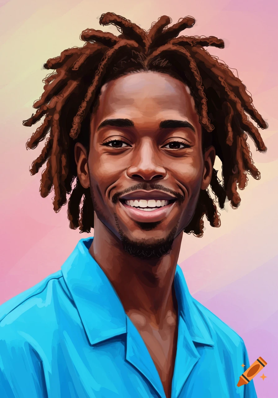 Digital painting of a smiling Black man with dreadlocks wearing a blue ...