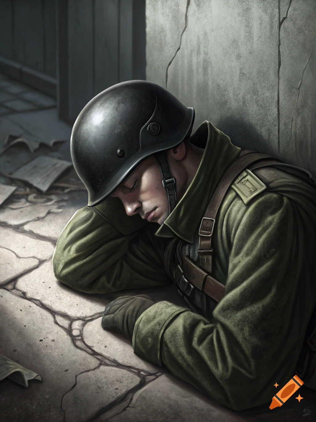 Realistic painting of a soldier in uniform and helmet resting against a wall in a ruined building.