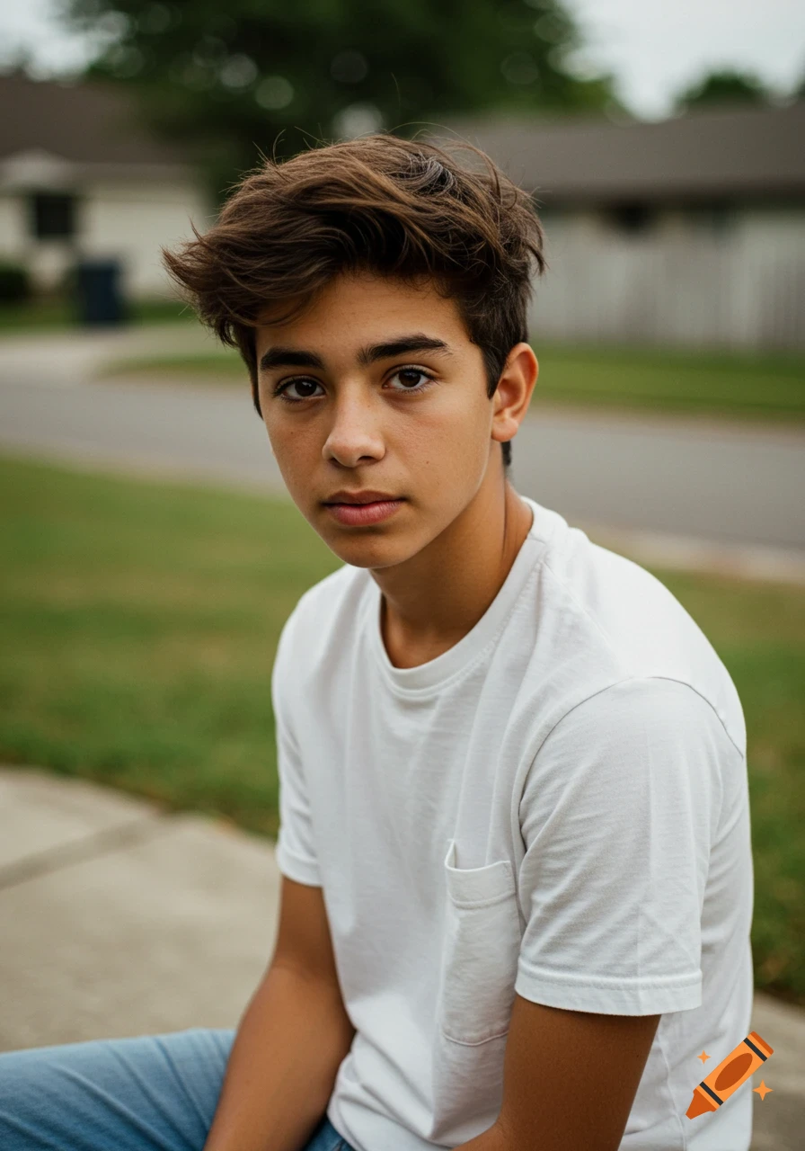 Portrait of a teenage boy with messy brown hair sitting outdoors.
