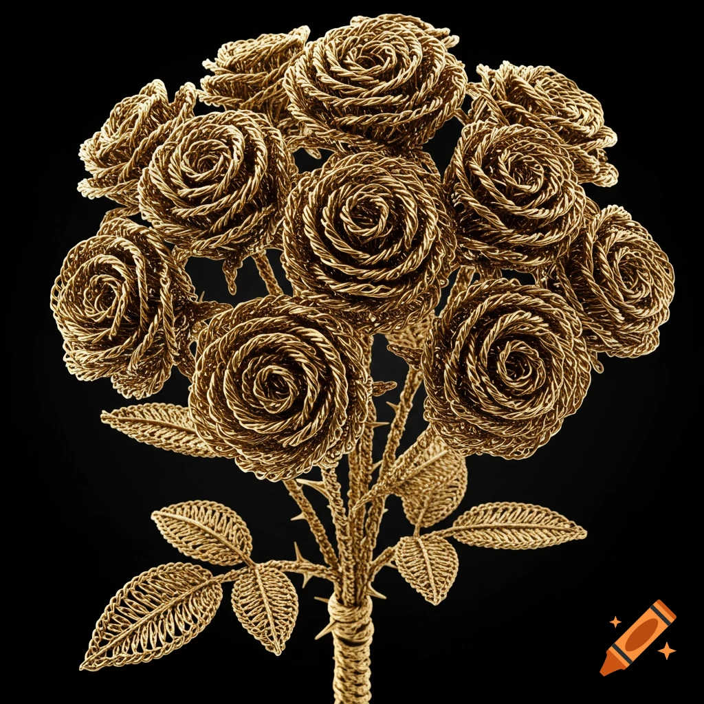 A bouquet of roses made of golden wire against a black background.