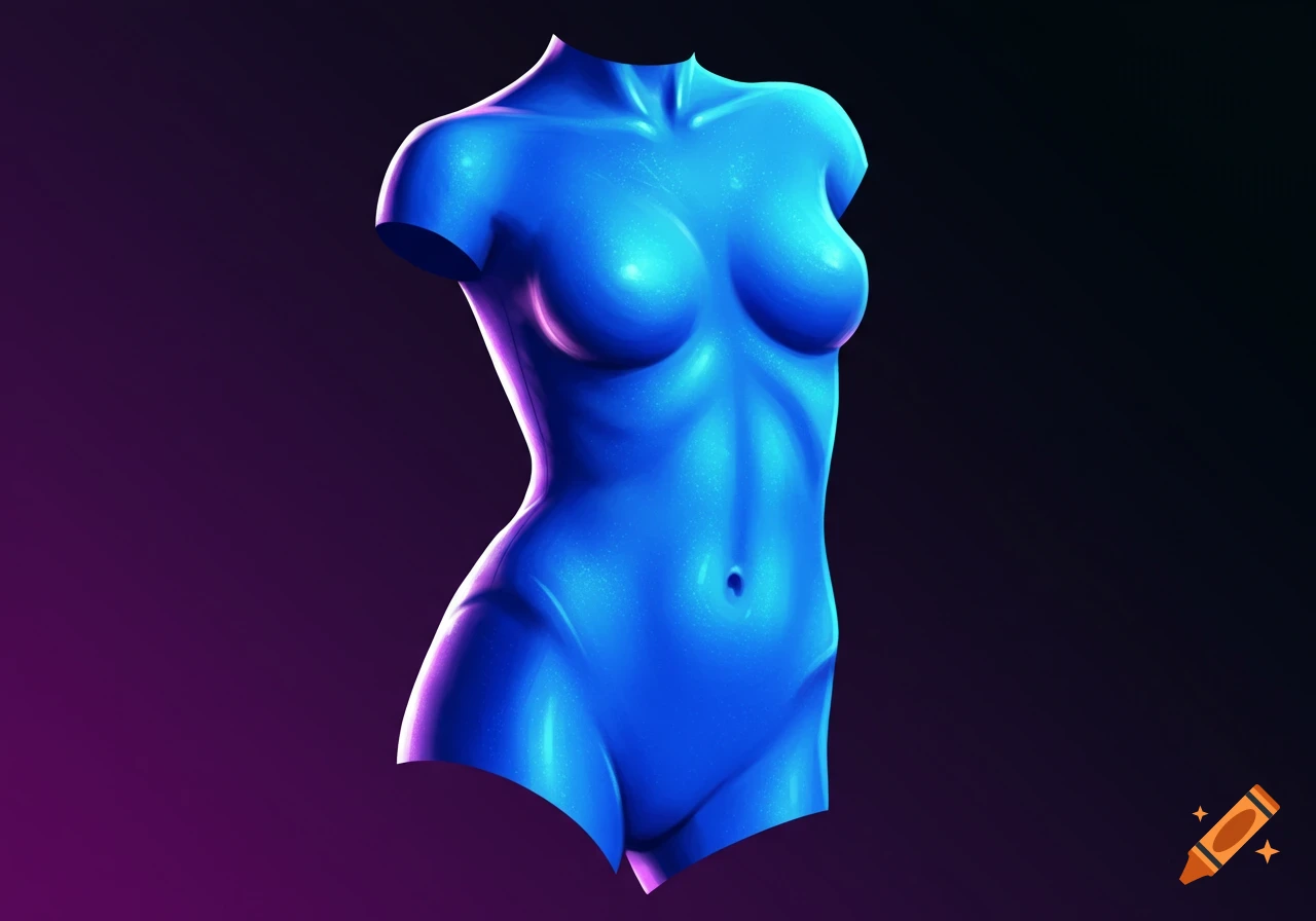 Blue shiny figure sculpture against a dark background