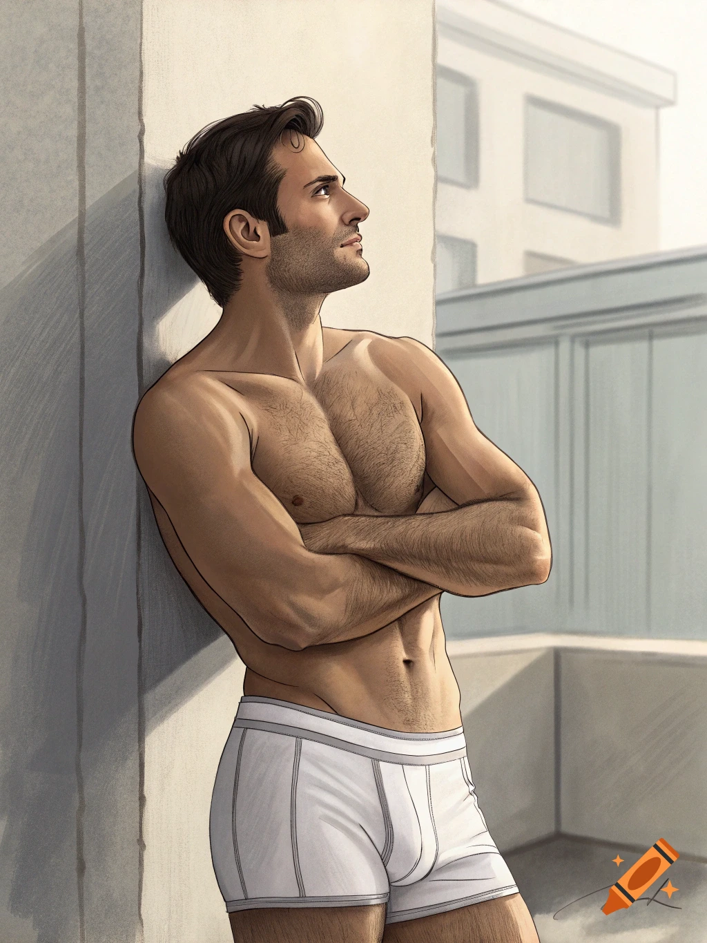 Illustration of a man in white underwear leaning against a wall, looking up.