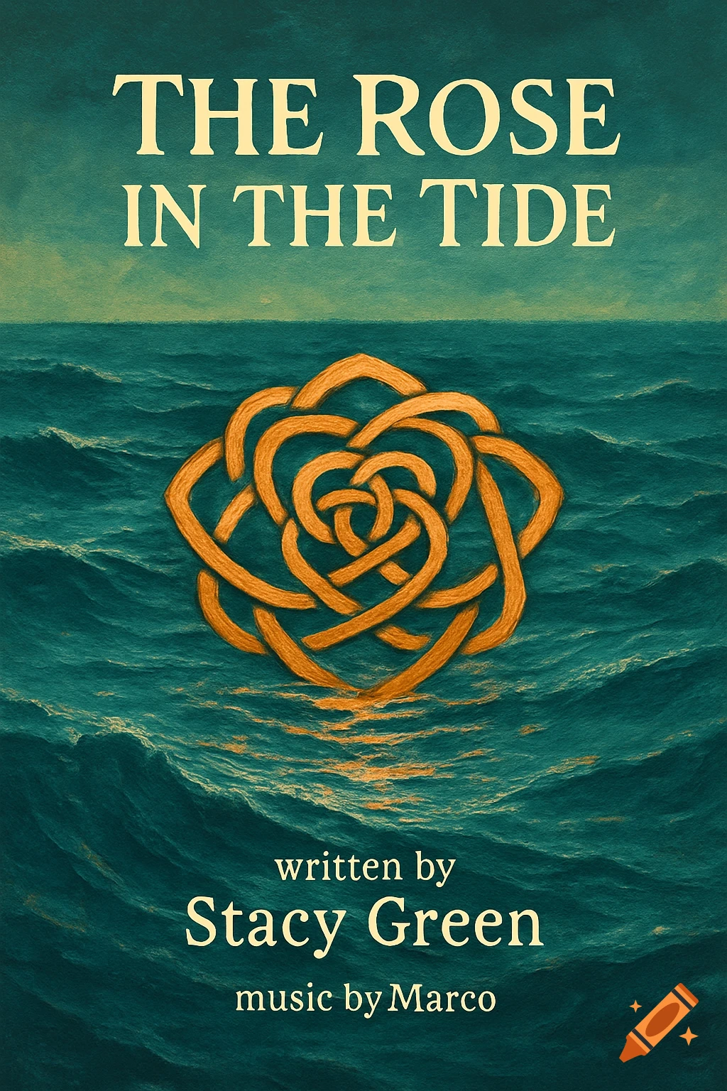 Illustration of an orange Celtic knot shaped like a rose floating on teal waves. Text reads "The Rose in the Tide written by Stacy Green music by Marco".