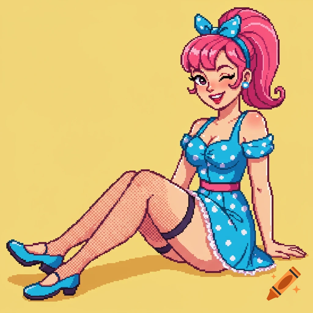 Pixel art illustration of a woman in a blue polka dot dress and fishnet stockings, winking in a pin-up pose.