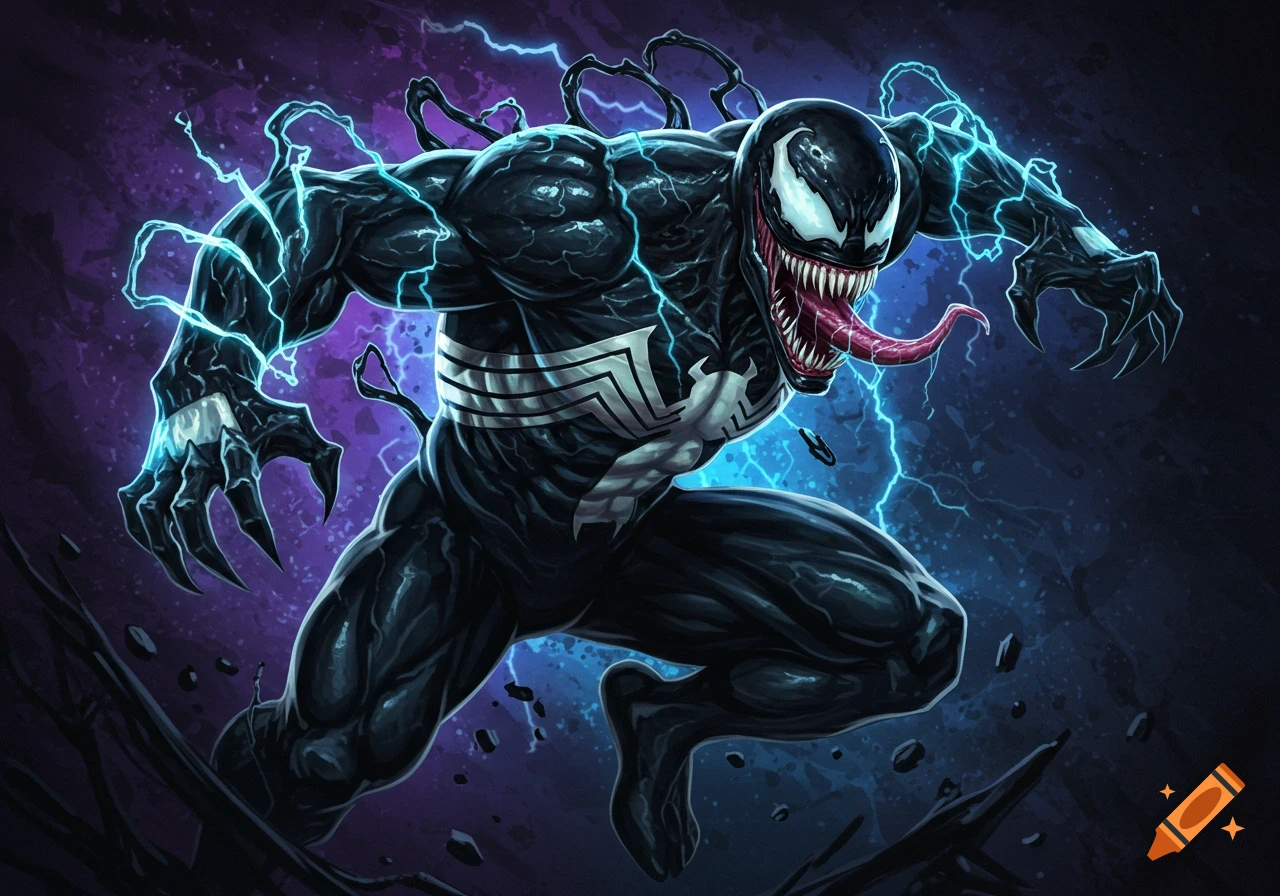 Comic book illustration of Venom lunging, surrounded by blue lightning.
