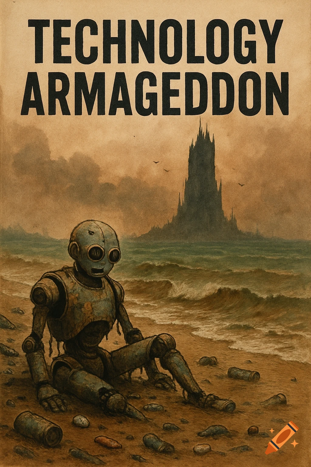 A rusty robot sits on a polluted beach with a dark tower behind it, labeled 'Technology Armageddon' in an old illustration style.