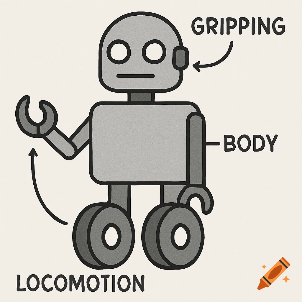 Simple diagram of a robot with labels for gripping, body, and locomotion