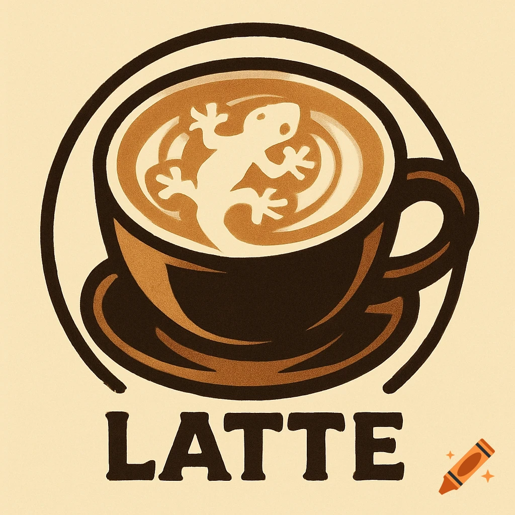 Logo of a coffee cup with a lizard in the latte foam art, text reads LATTE