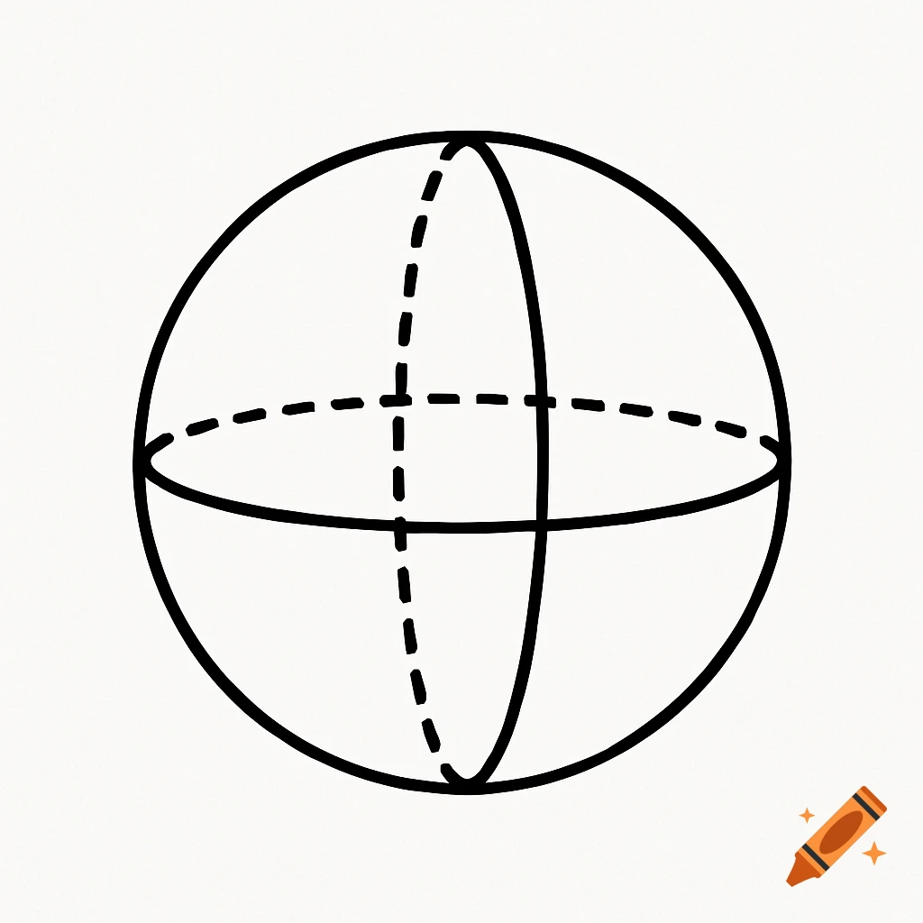 Line drawing of a sphere with intersecting dashed lines