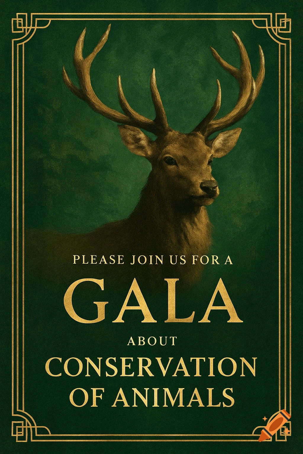 An elegant invitation poster for a gala about conservation of animals, featuring a deer head portrait on a green background with gold text and border.