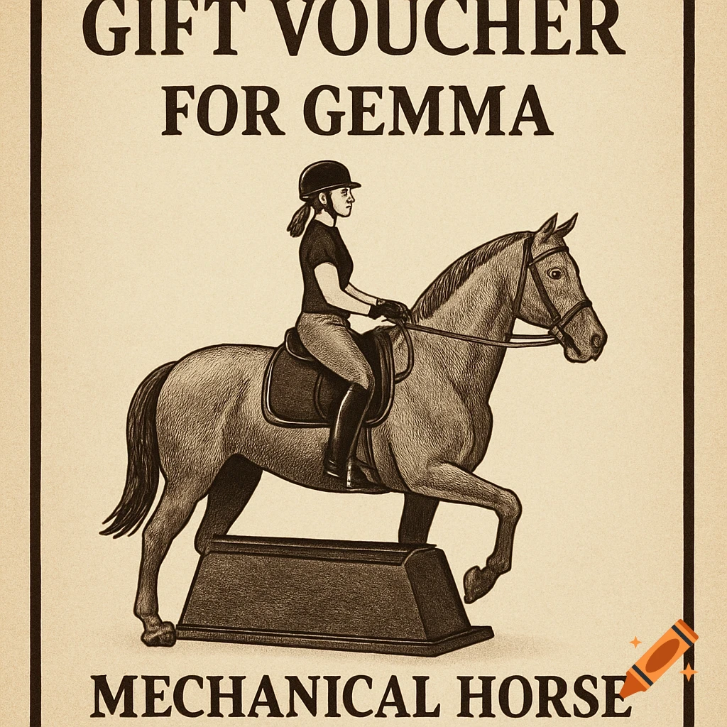 Etching-style drawing of a woman riding a mechanical horse with text reading 'Gift Voucher for Gemma Mechanical Horse'.