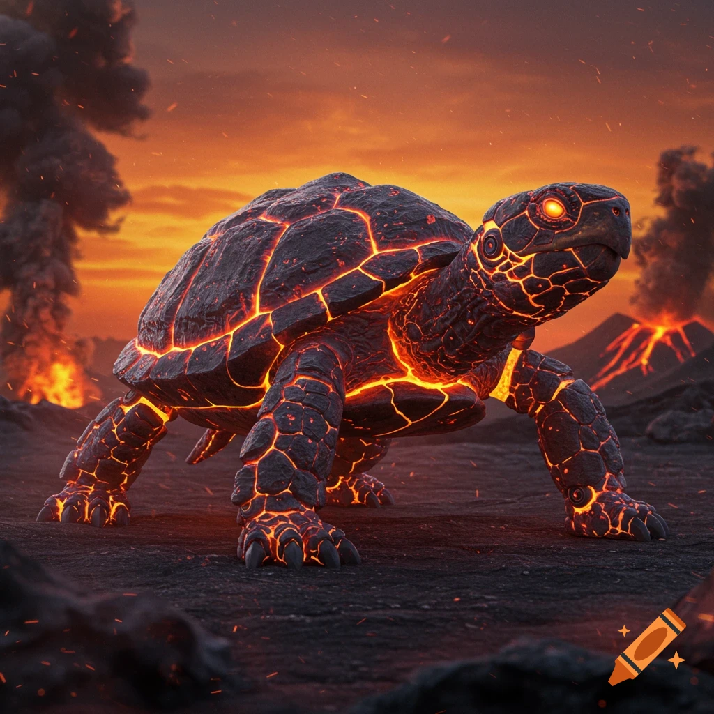 A lava turtle walks through a volcanic landscape with erupting volcanoes.