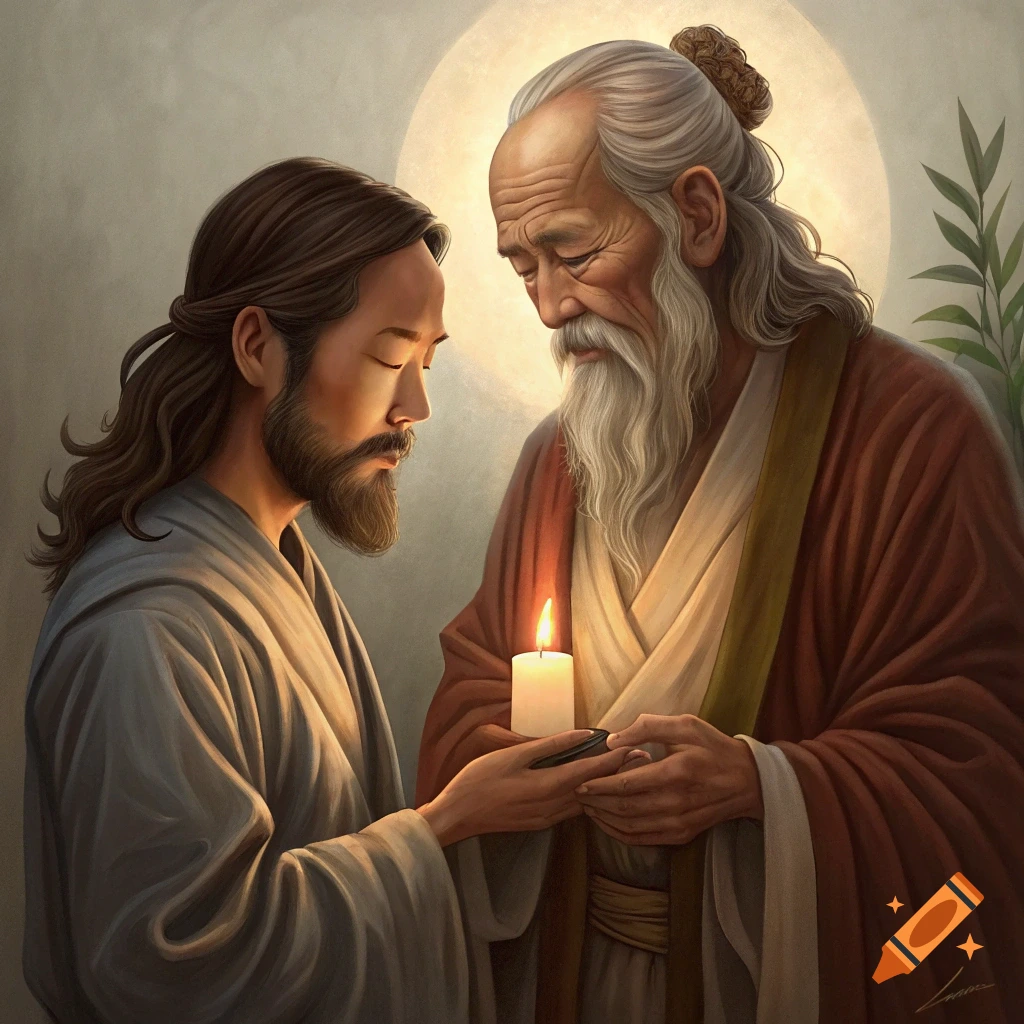 Painting of Jesus and Lao Tzu holding a lit candle