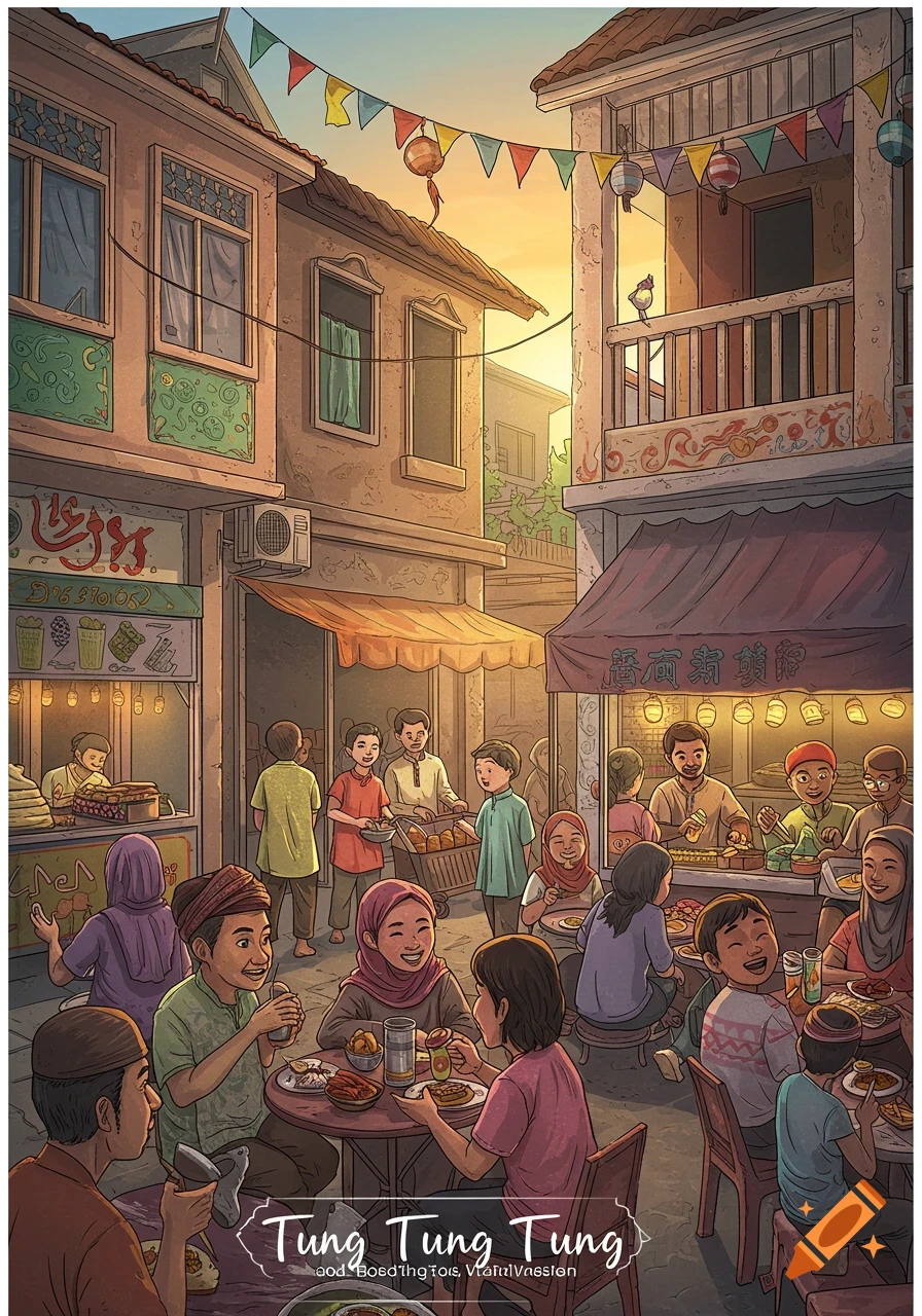 Illustration of a bustling street scene with people eating at outdoor food stalls during sunset, decorated with flags and lanterns.