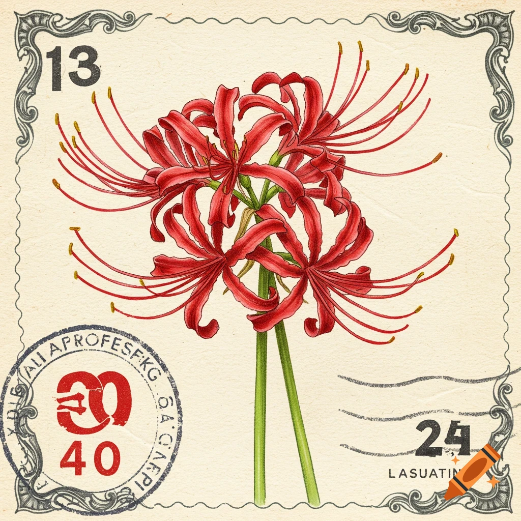 Vintage stamp illustration featuring red spider lilies with numerical and decorative elements.