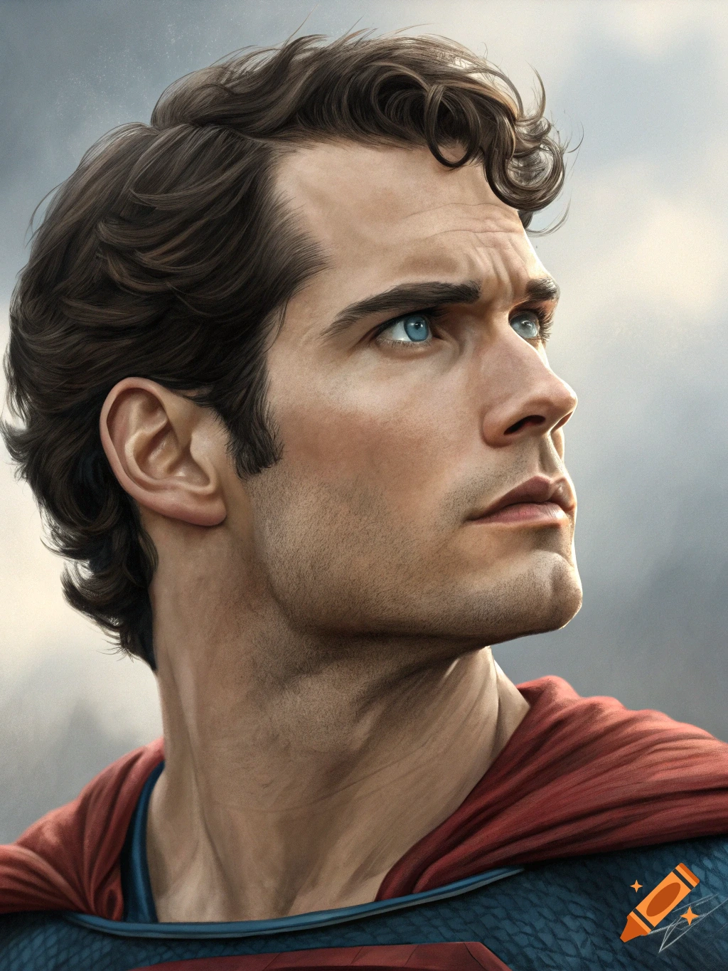 Close-up portrait of Henry Cavill as Superman looking up, digital art.