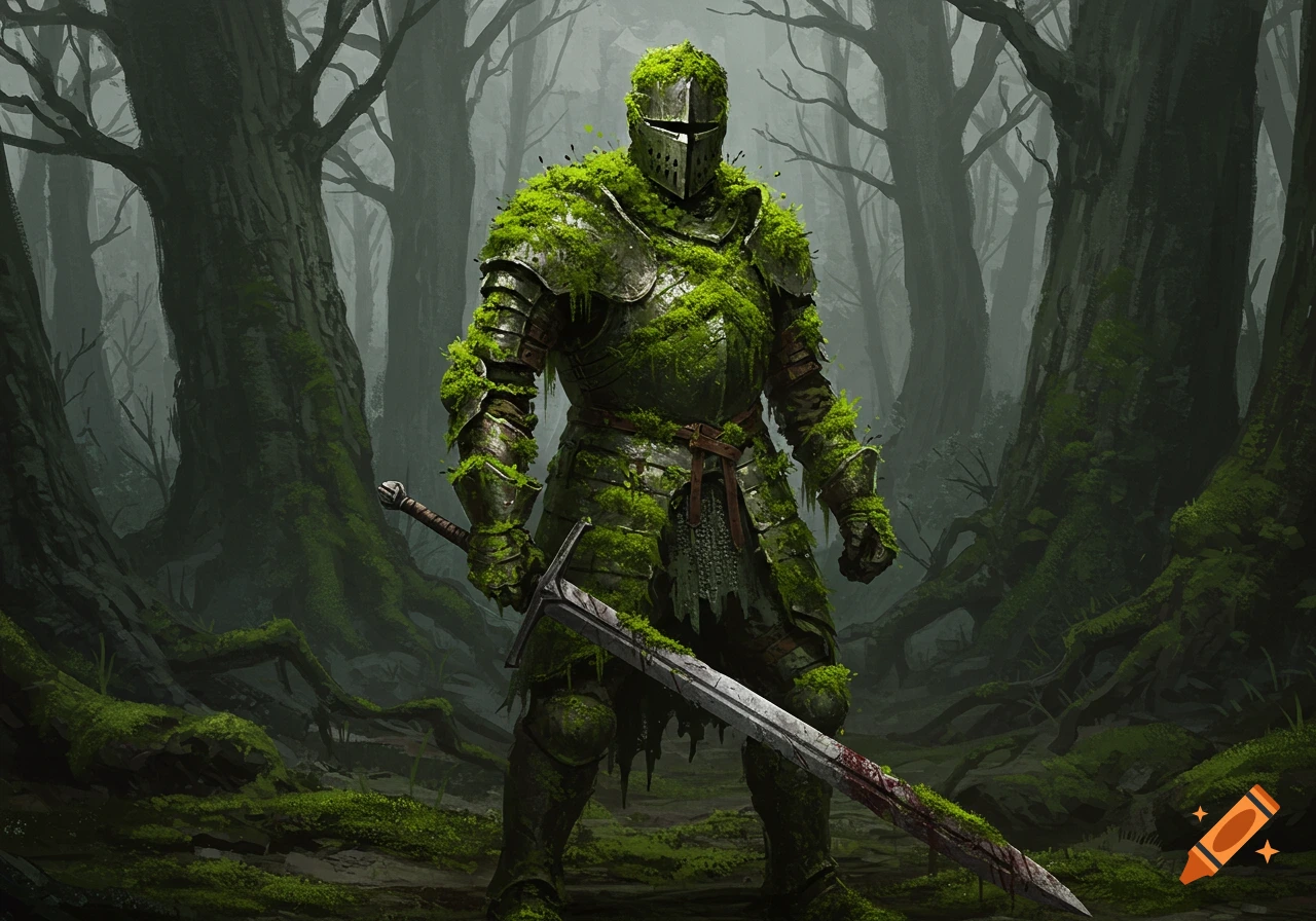 A moss-covered knight in dark armor holds a sword in a dark forest.