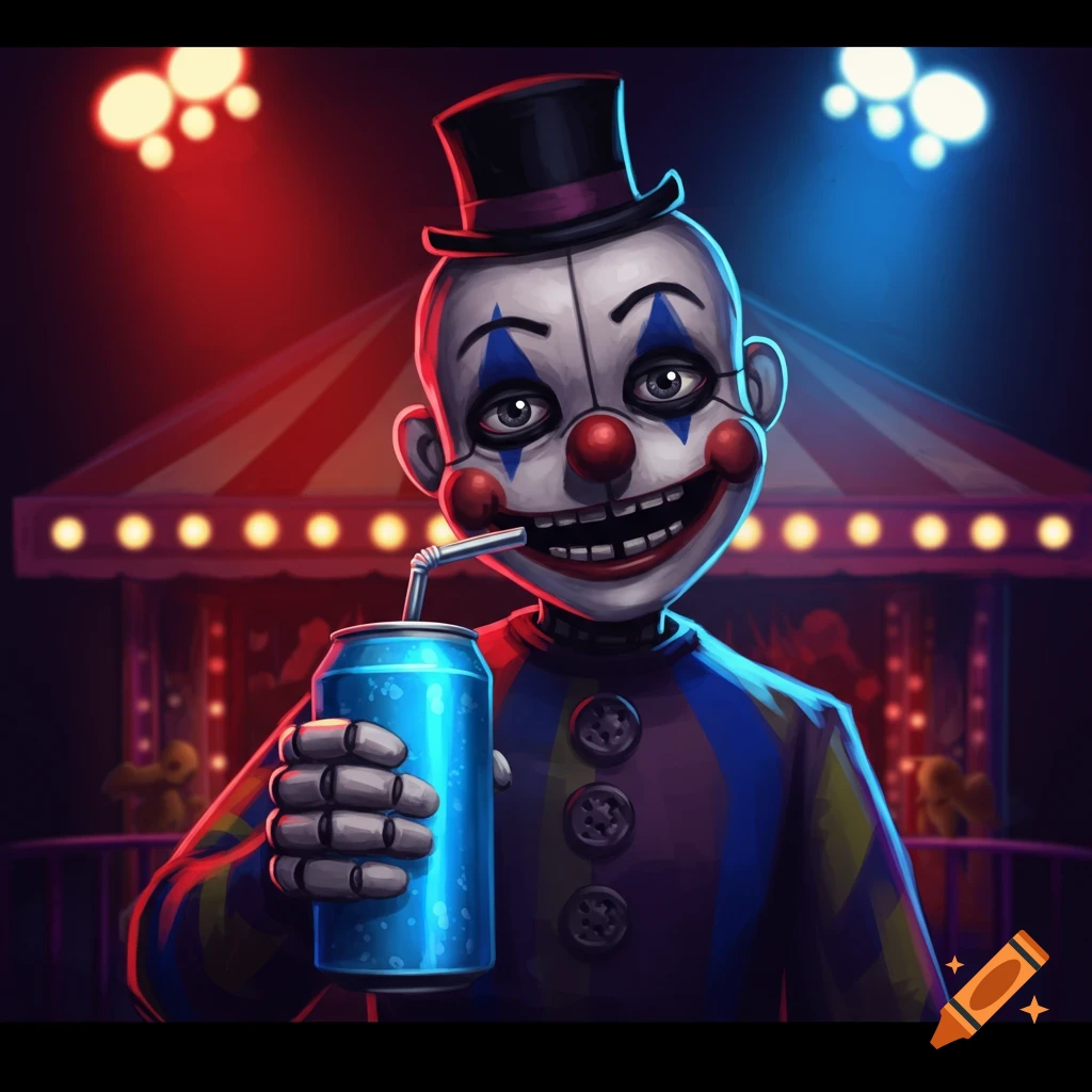 Creepy clown character from Five Nights at Freddy's holding a soda can at a carnival.