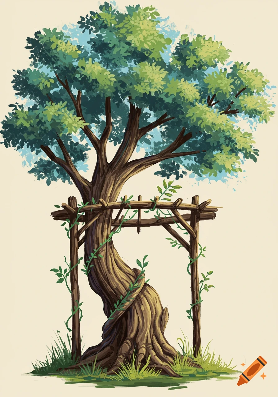 Illustration of a large tree with a wooden arbor wrapped in vines, brush stroke style.