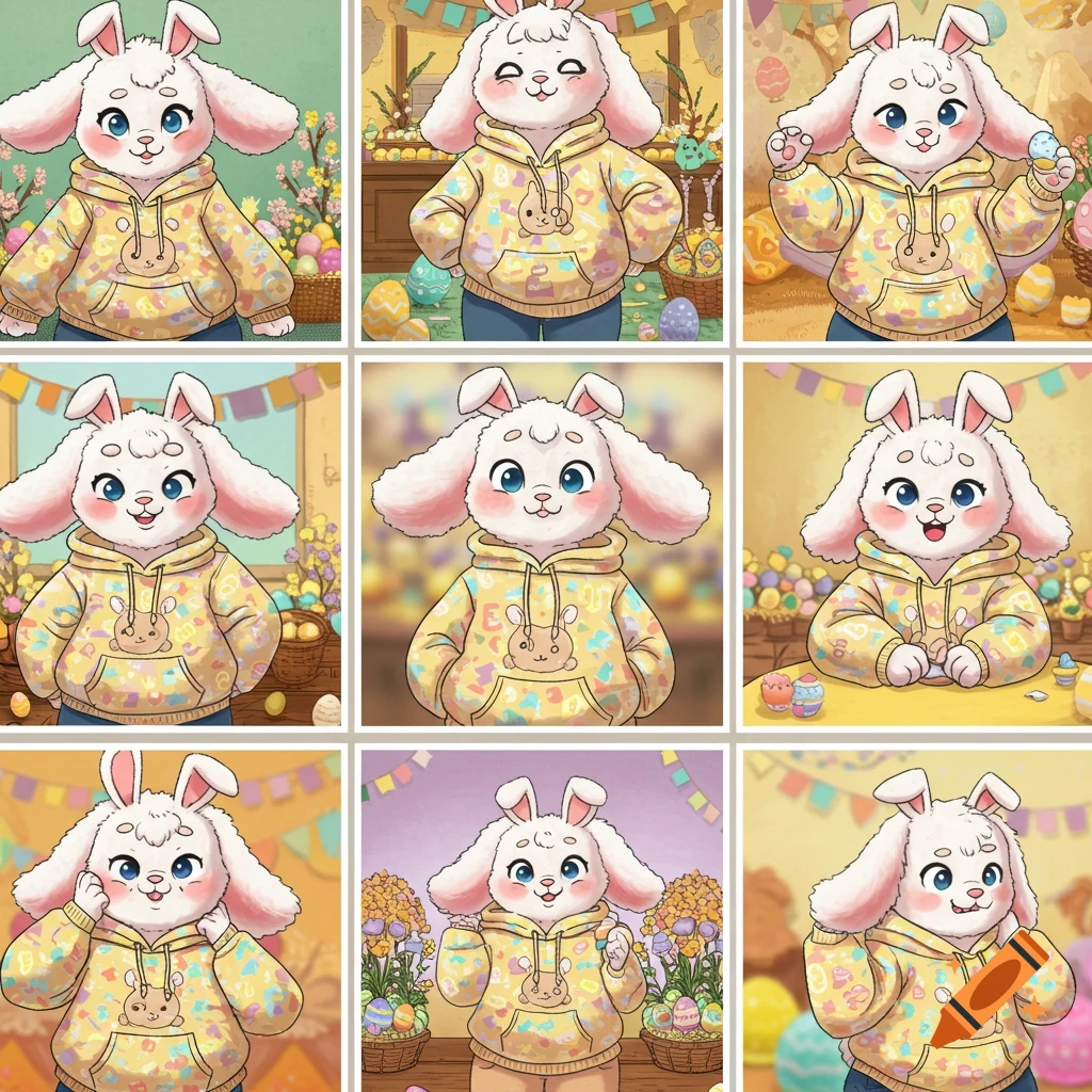 Grid of cartoon white bunnies in Easter hoodies posing in various Easter scenes