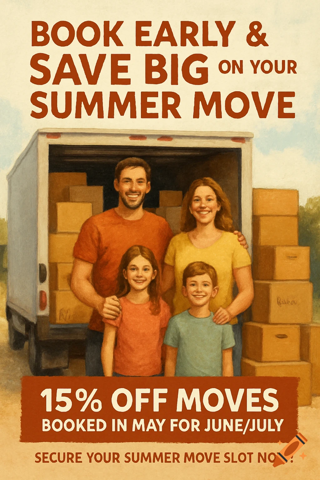 Illustration of a family in front of a moving truck with promotional text for a summer move.