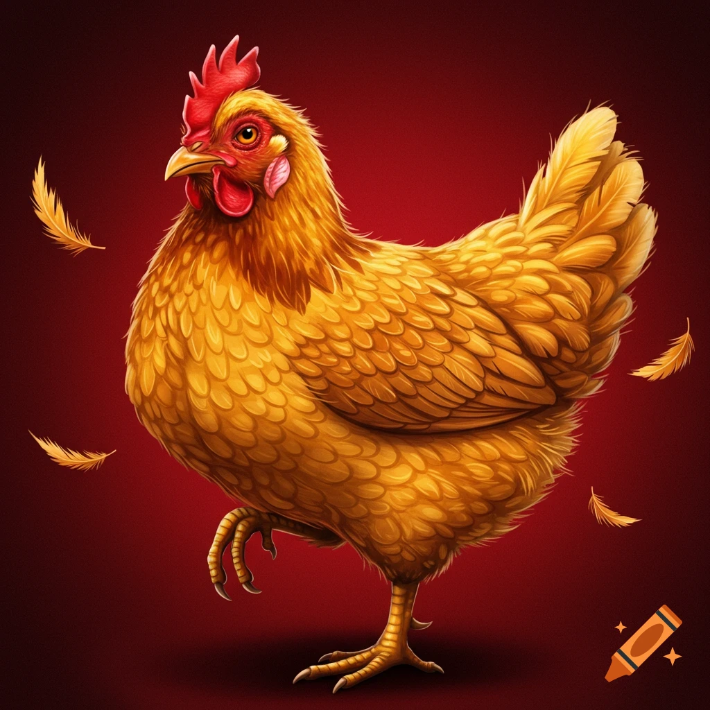 Stylized illustration of a golden-brown chicken standing on one leg on a red background with floating feathers.