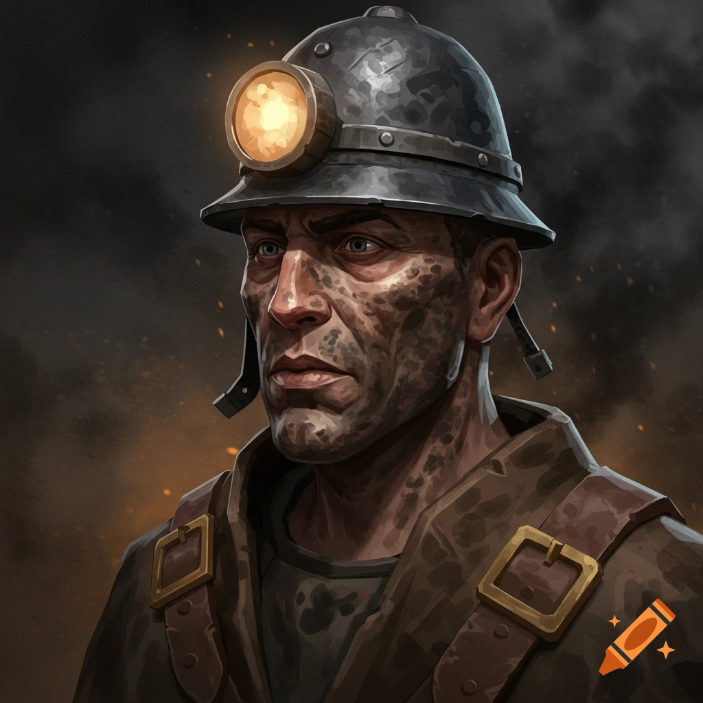 A miner's headshot portrait, covered in soot and wearing a helmet with a headlamp.