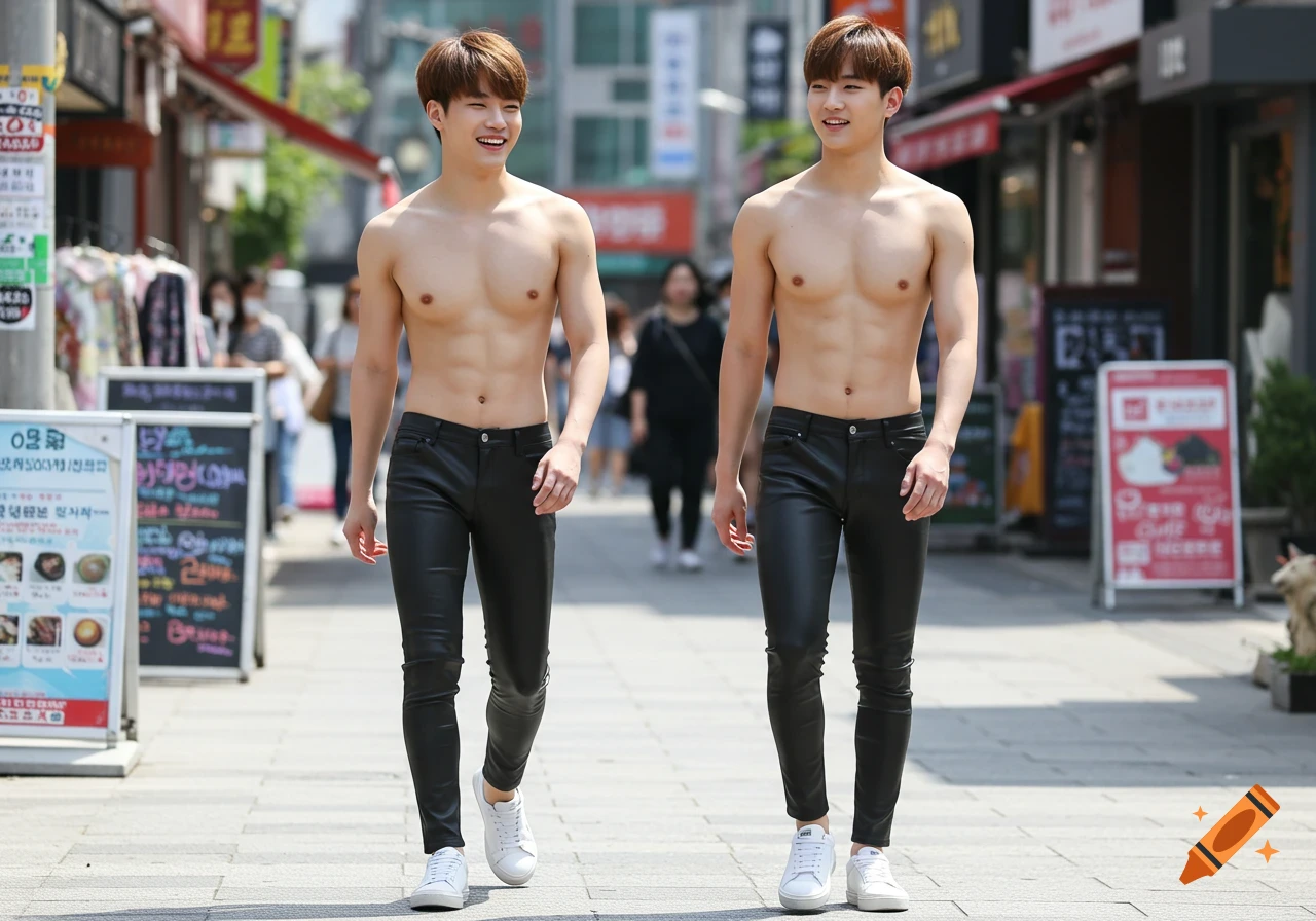 Two shirtless young men walk down a street in black pants and white sneakers.