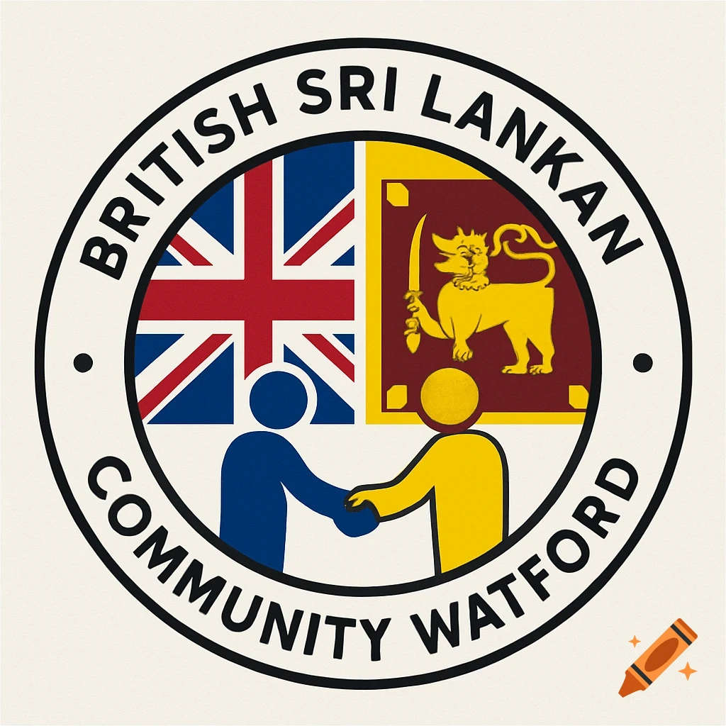 Circular logo with British and Sri Lankan flags, figures shaking hands, and text 'BRITISH SRI LANKAN COMMUNITY WATFORD'