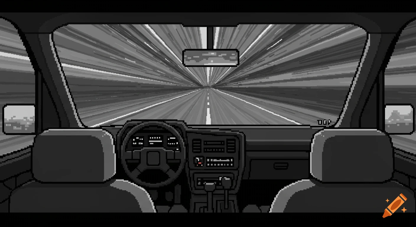 First-person grayscale pixel art view from inside a car driving fast on a road.