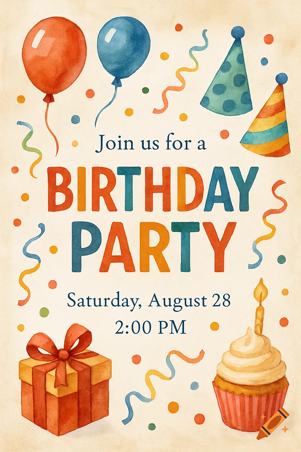 Watercolor birthday invitation with balloons, hats, gift, cupcake, and party details