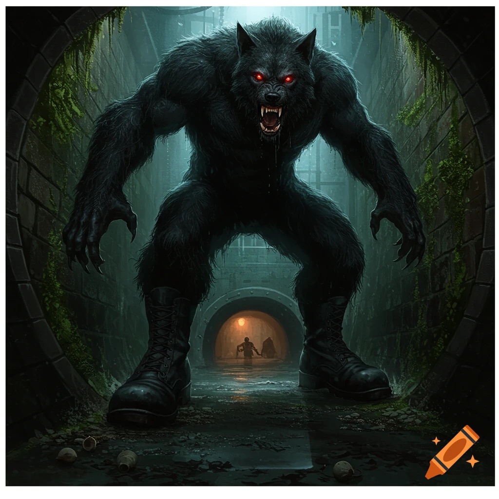 A large black werewolf stands in a dark sewer tunnel, staring towards two figures in the distance.
