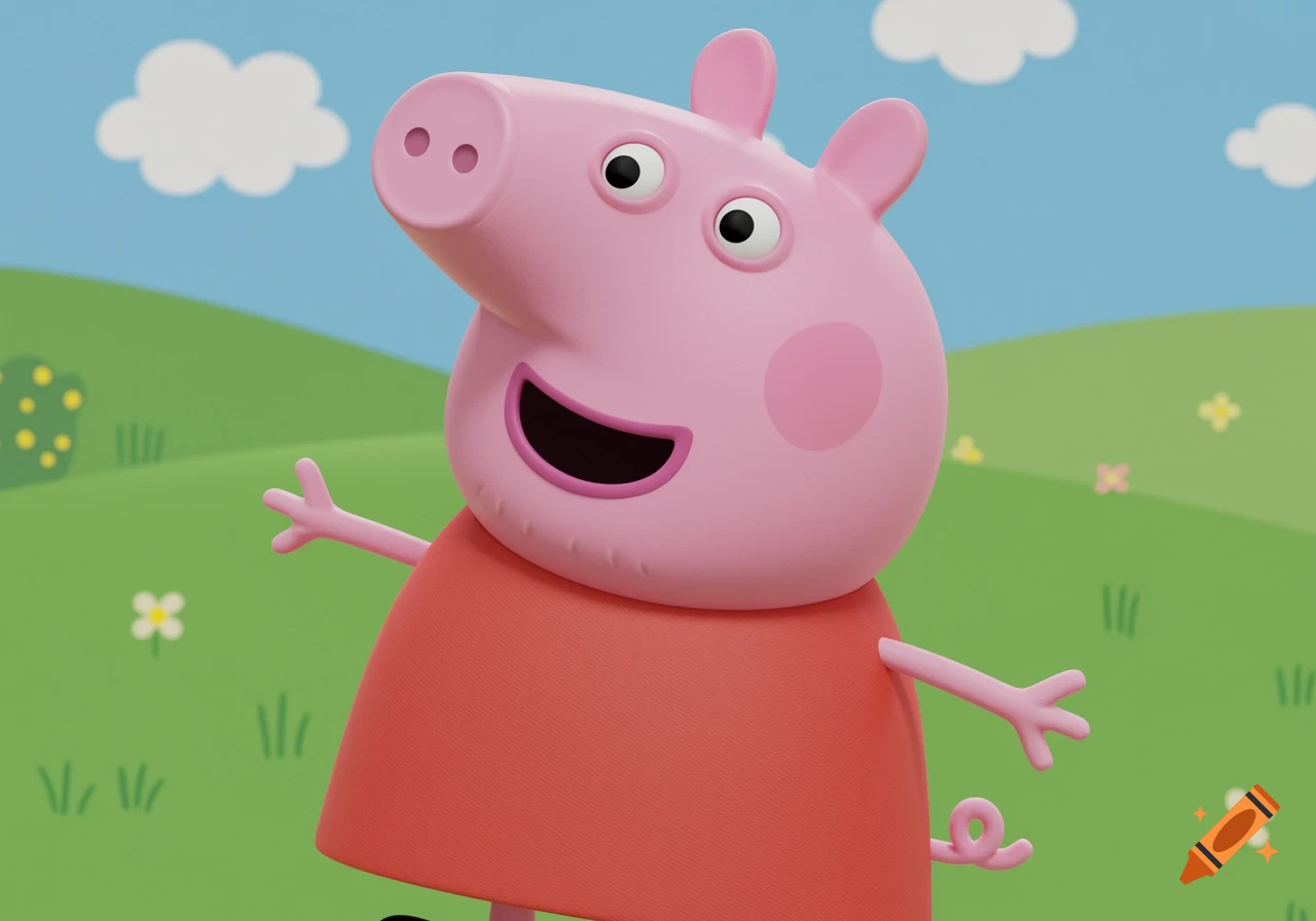 3D rendering of Peppa Pig standing in a grassy field with clouds.