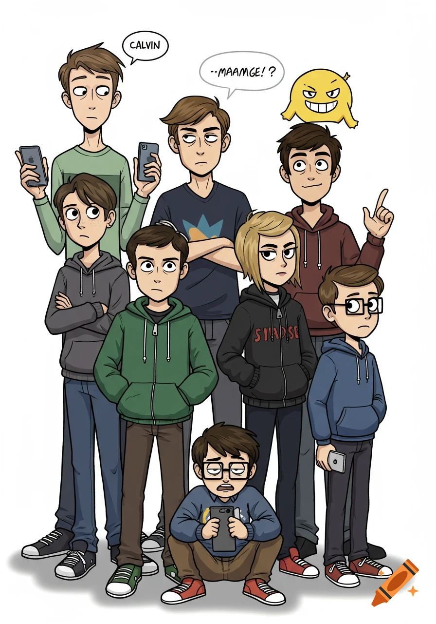 Cartoon illustration of a group of diverse young people, some holding phones, with speech bubbles and a small monster.