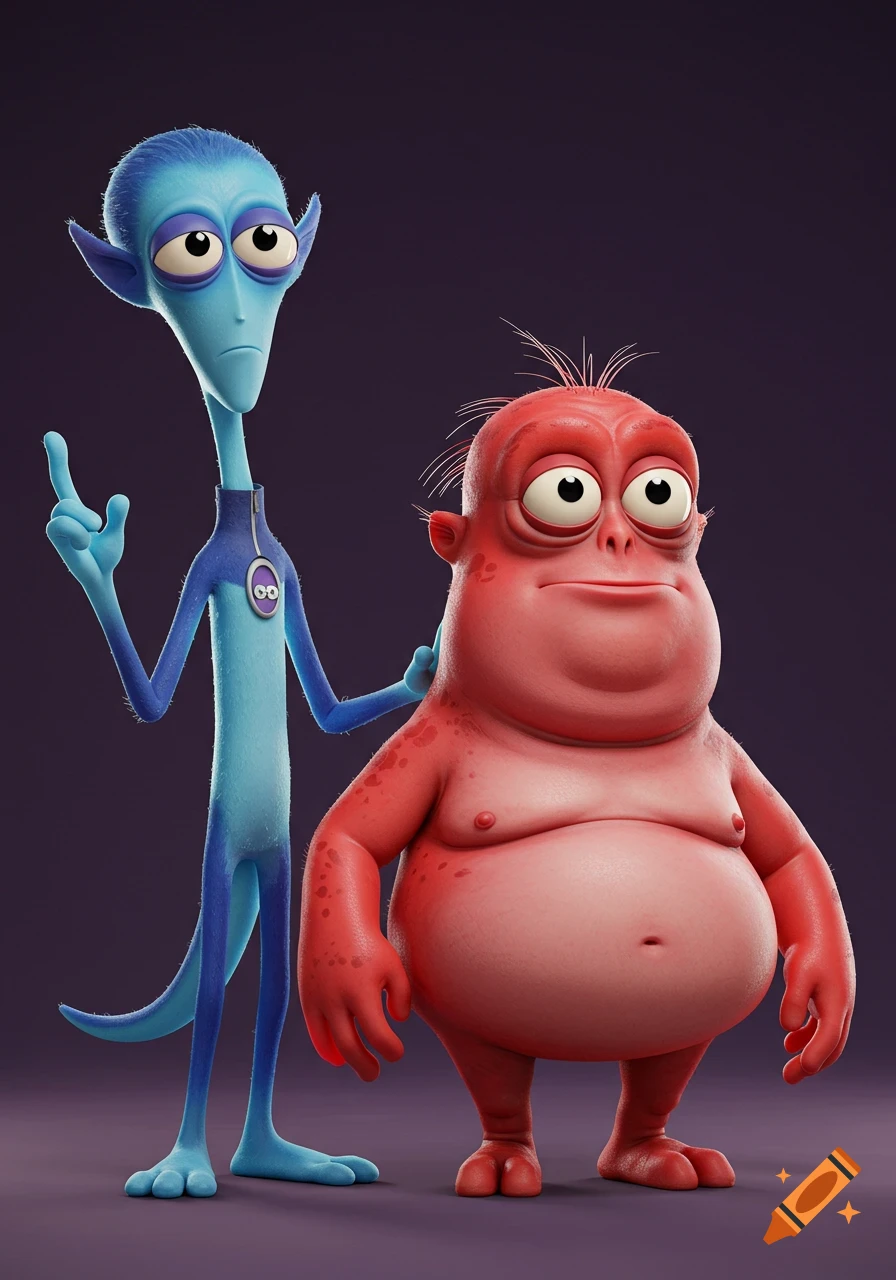 A tall blue alien and a short red alien in a 3D cartoon style.