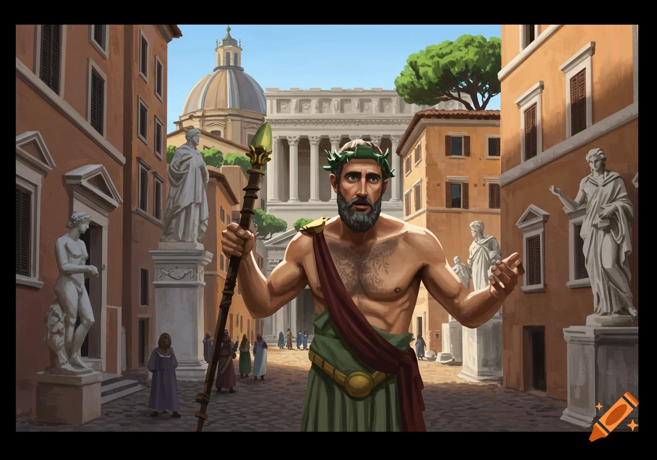 A man with a beard and wreath stands in a Roman street among statues and buildings, looking confused. Illustration style.