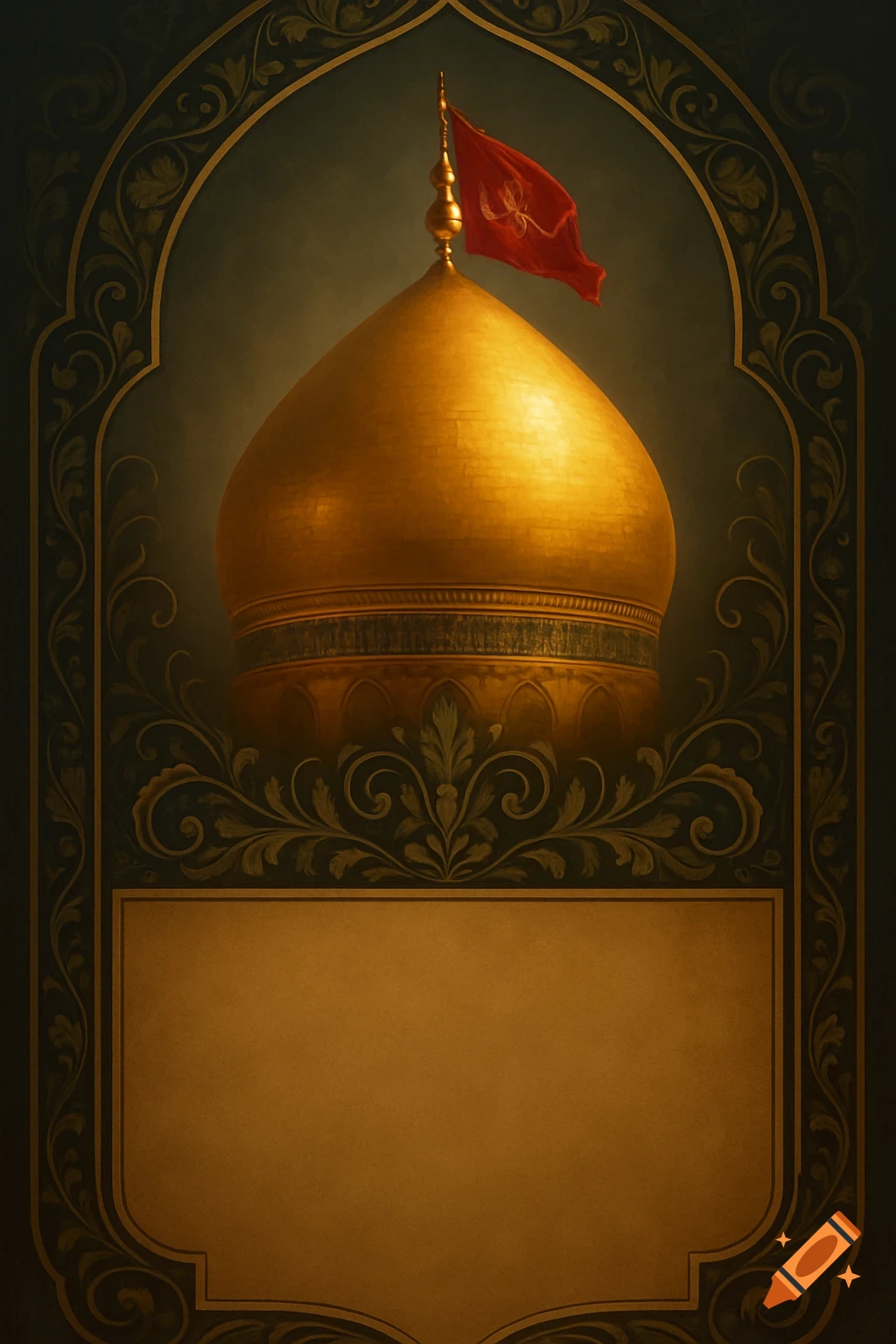 Golden dome with a red flag, framed by ornate patterns, above a blank space