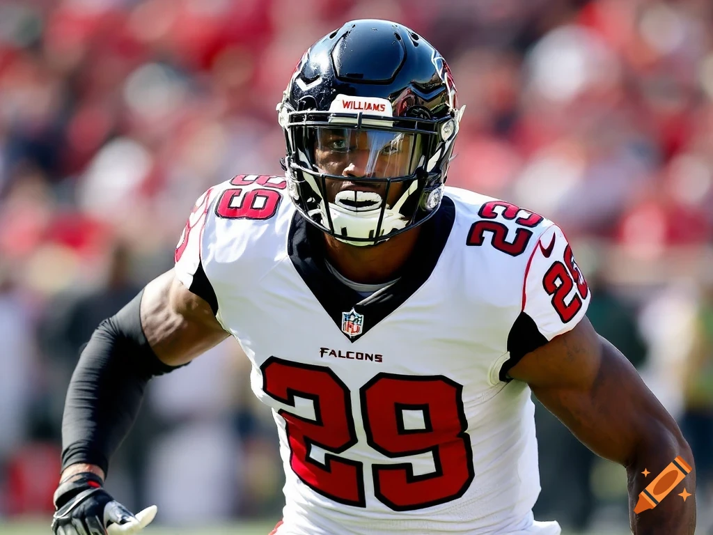 A close-up photo of a football player in an Atlanta Falcons uniform during a game.