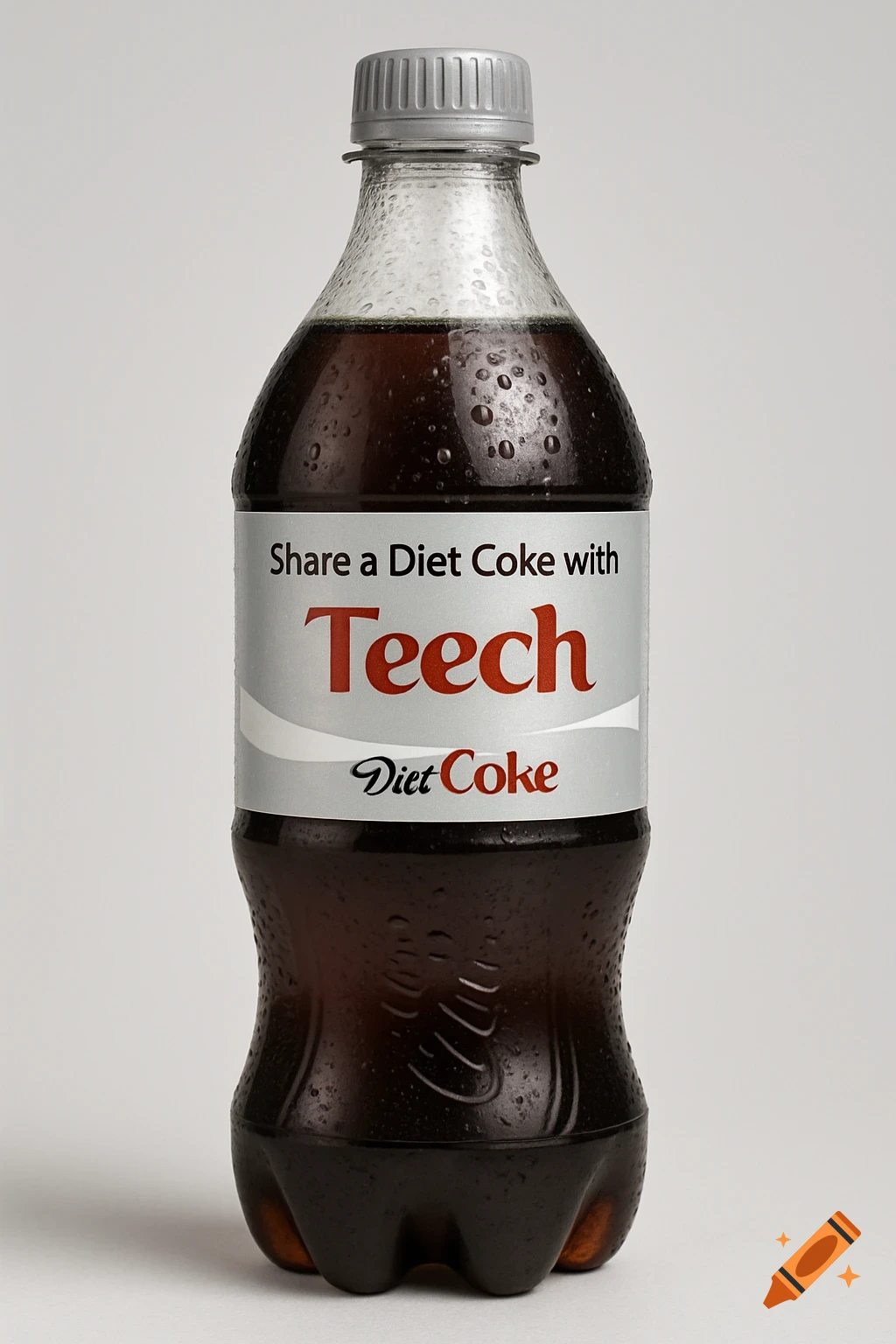 Photorealistic studio shot of a Diet Coke bottle with text 'Share a Diet Coke with Teech'