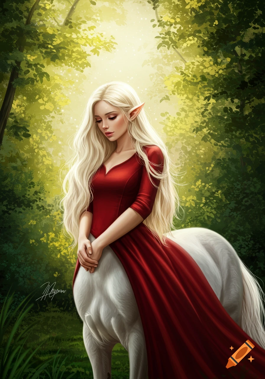 A blonde centaur princess in a red dress stands in a forest.