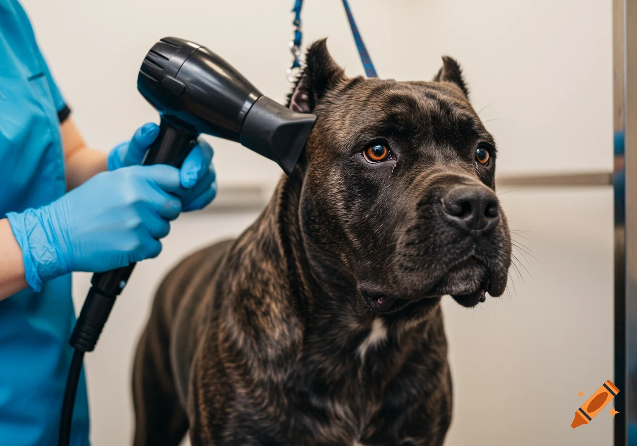 Close-up of a brindle Cane Corso dog being blow-dried by a person in blue gloves