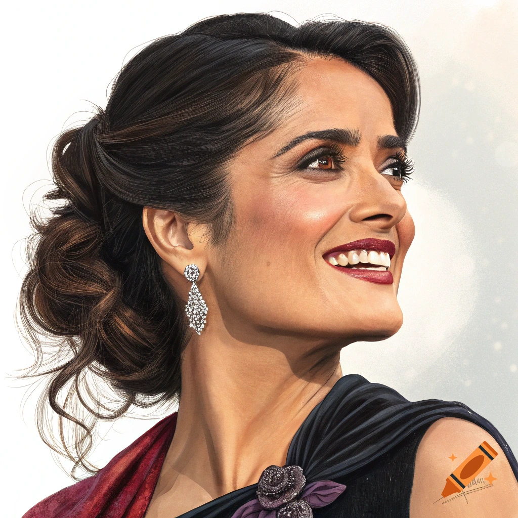 Realistic portrait of Salma Hayek smiling up, wearing diamond earrings and a dark dress with a purple flower detail.