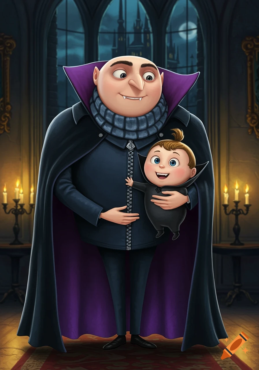Gru dressed as a vampire holds a baby (Gru Jr.) in a castle setting