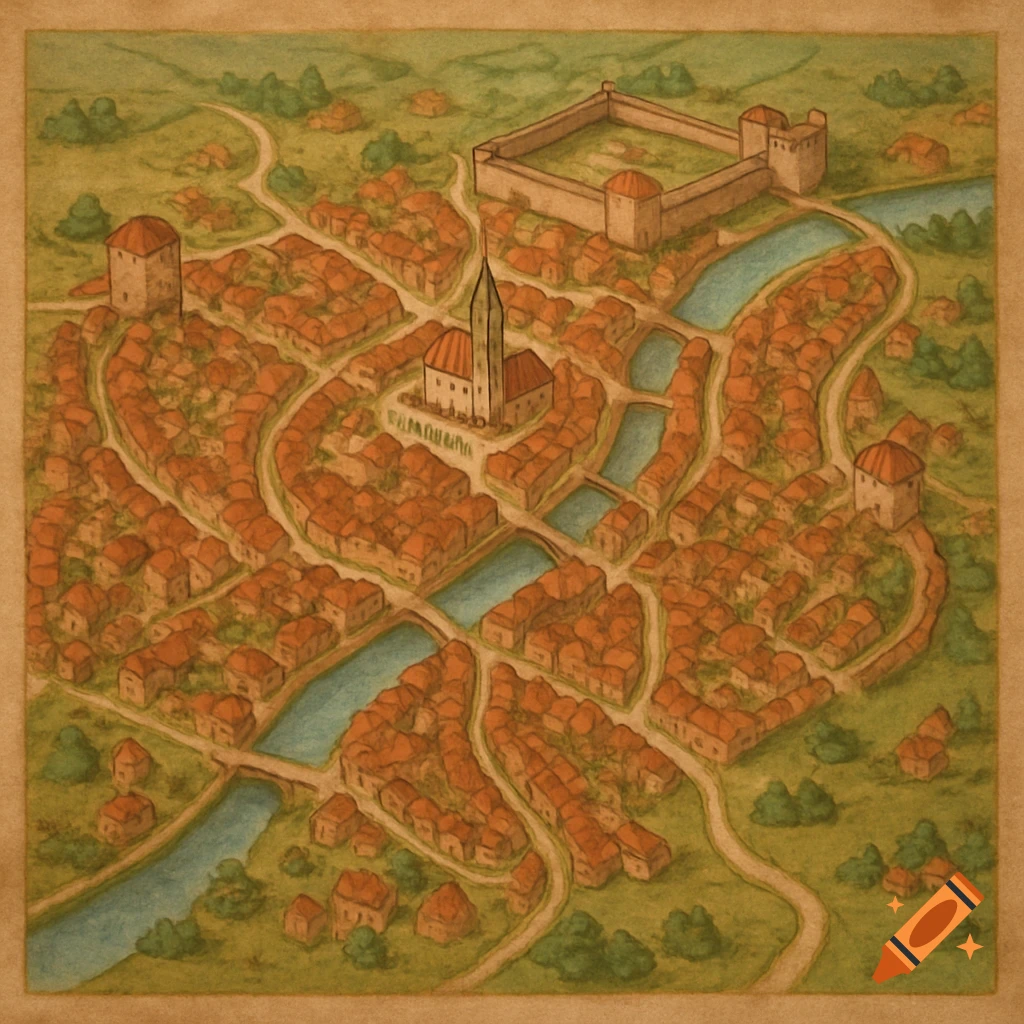 A hand-drawn map shows a town with a river, church, castle, and roads.
