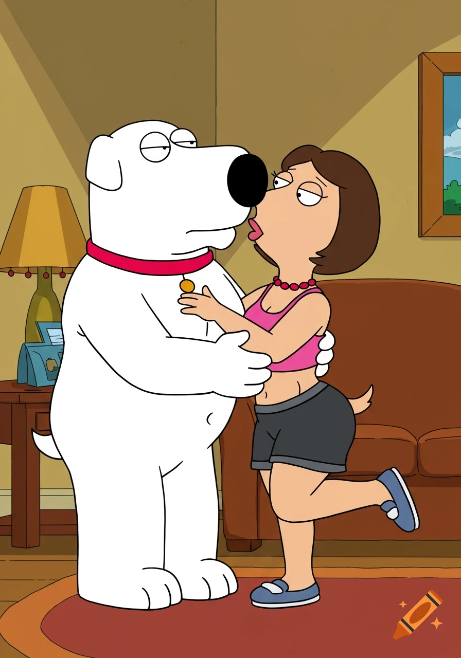 Cartoon image of Brian the dog from Family Guy kissing a woman in a living room.