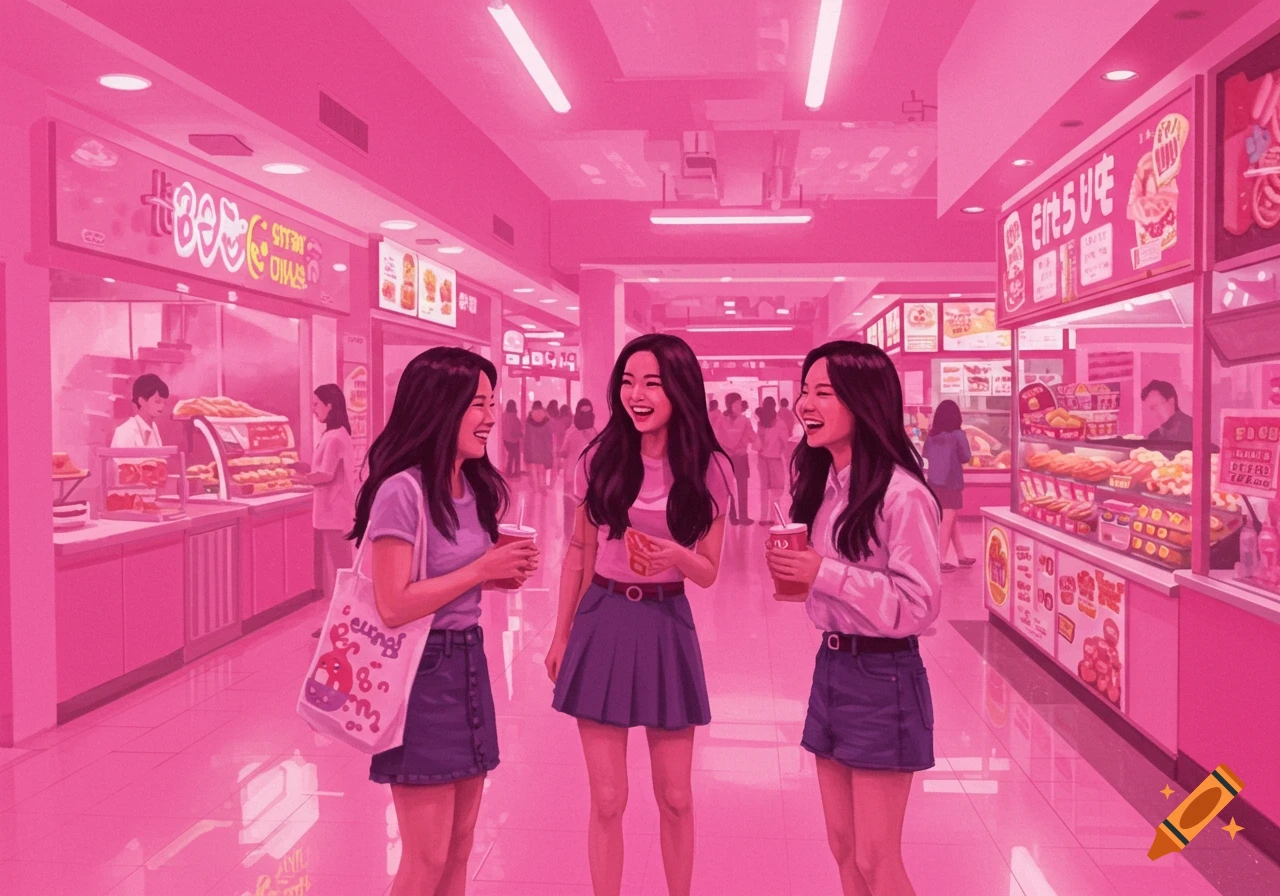 Three young women laugh and talk in a pink-toned mall food court.